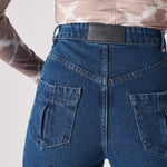 Jmojo dark wash straight leg jeans back pocket and vegan leather branding detail