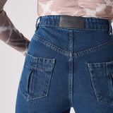 Jmojo dark wash straight leg jeans back pocket and vegan leather branding detail
