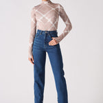 Jmojo dark wash high waisted straight leg jeans full front view on model
