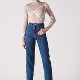 Jmojo dark wash high waisted straight leg jeans full front view on model