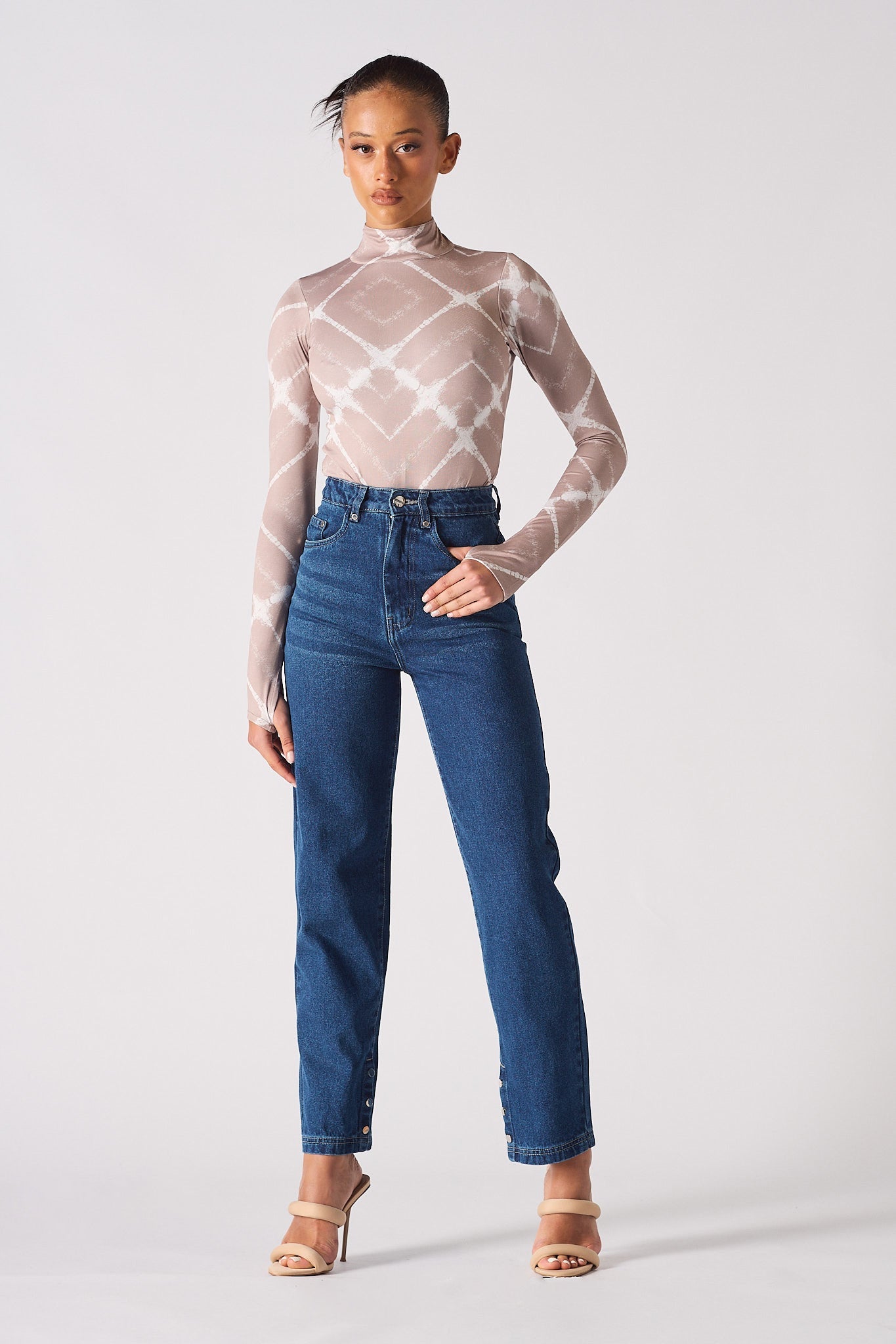 Jmojo dark wash high waisted straight leg jeans full front view on model