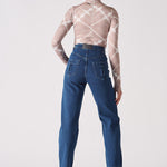 Jmojo dark wash straight leg whisker effect jeans back view on model