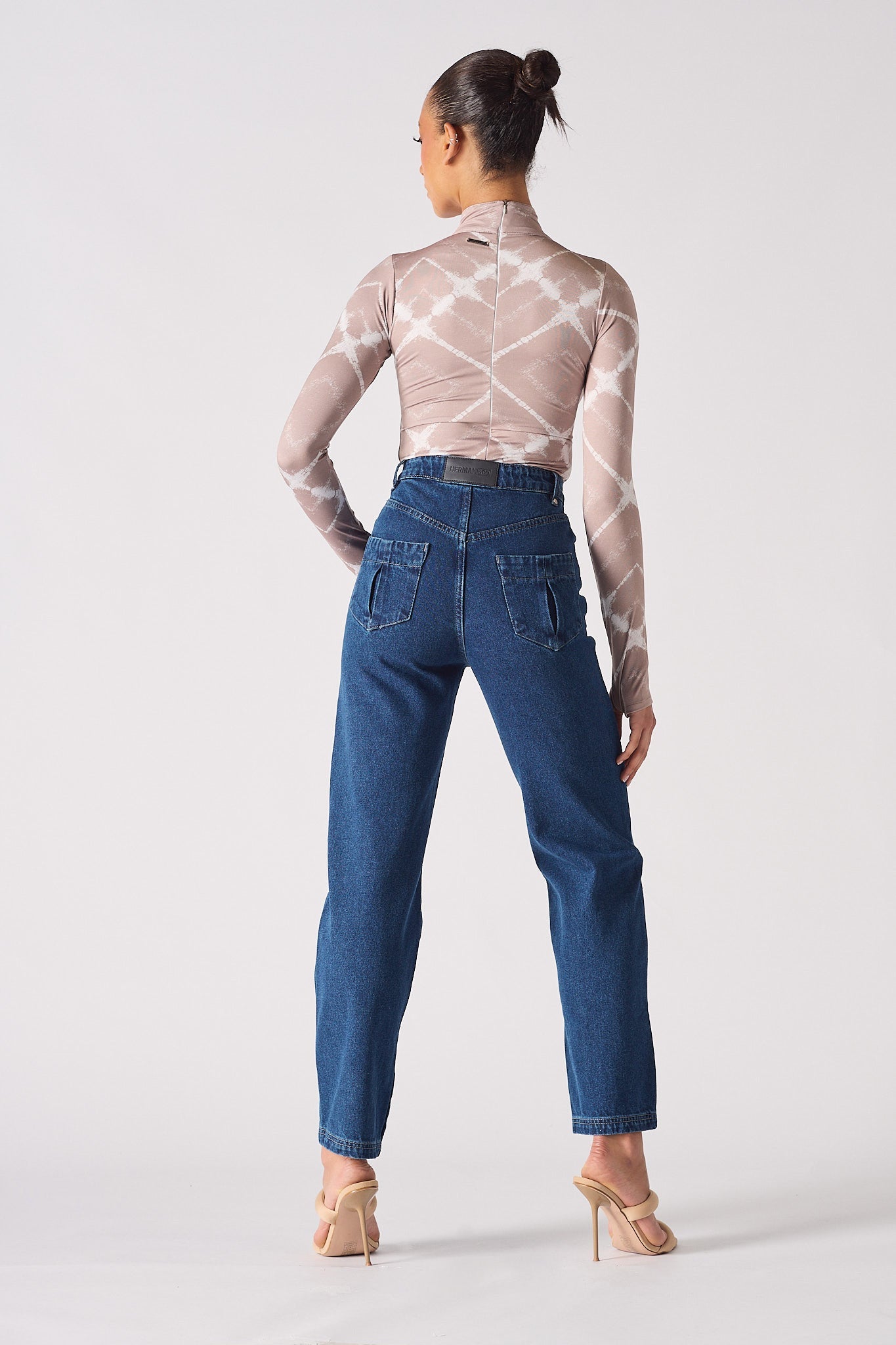 Jmojo dark wash straight leg whisker effect jeans back view on model