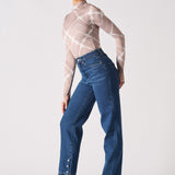 Jmojo dark wash straight leg whisker jeans side view on model