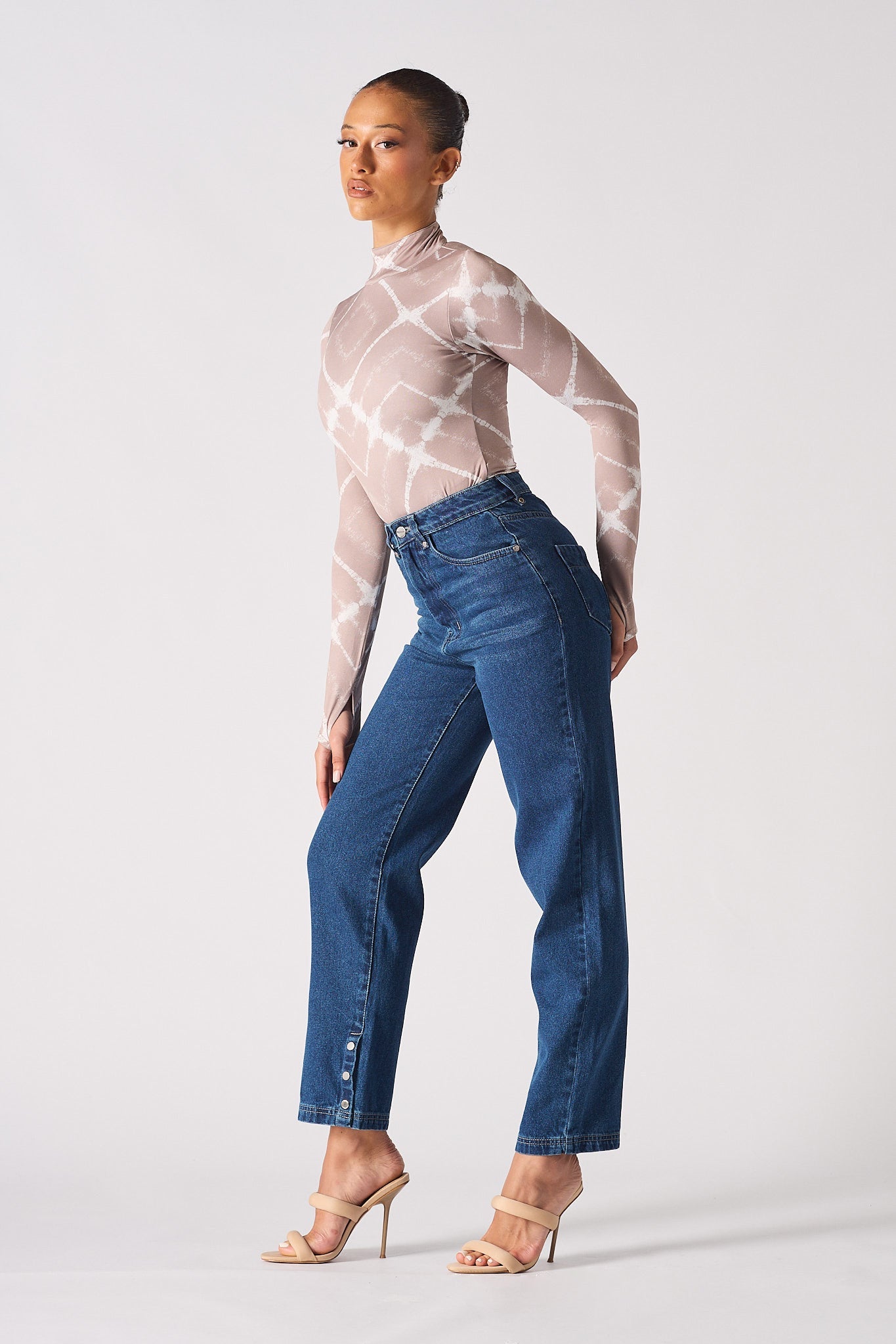 Jmojo dark wash straight leg whisker jeans side view on model