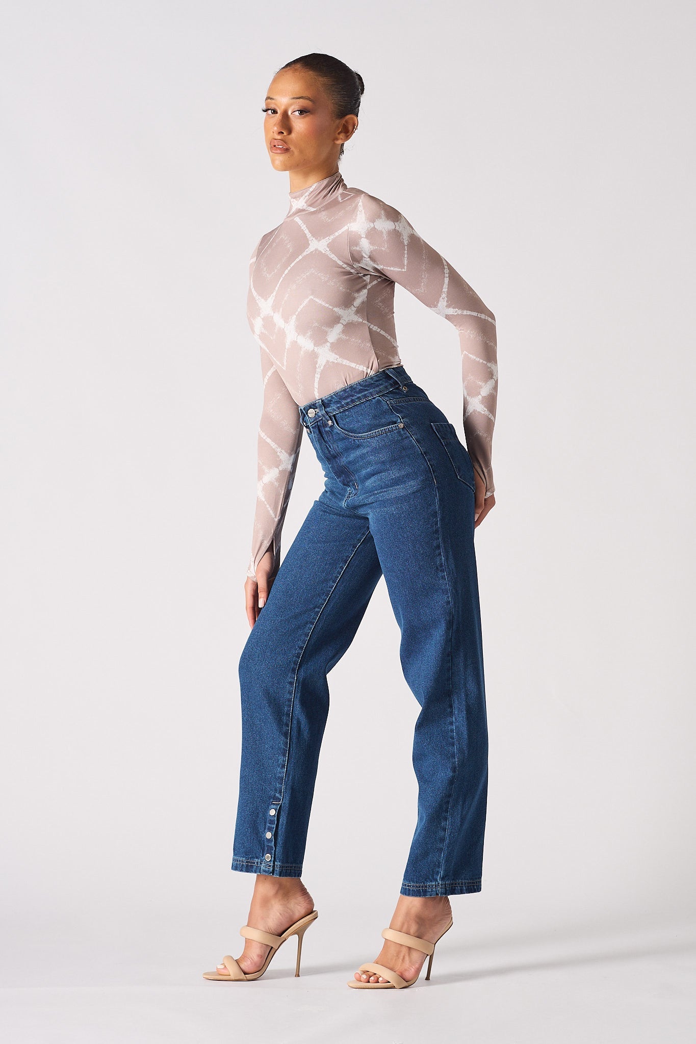Jmojo dark wash straight leg whisker jeans side view on model
