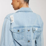 Jmojo distressed denim jacket women light wash back close up rip detail