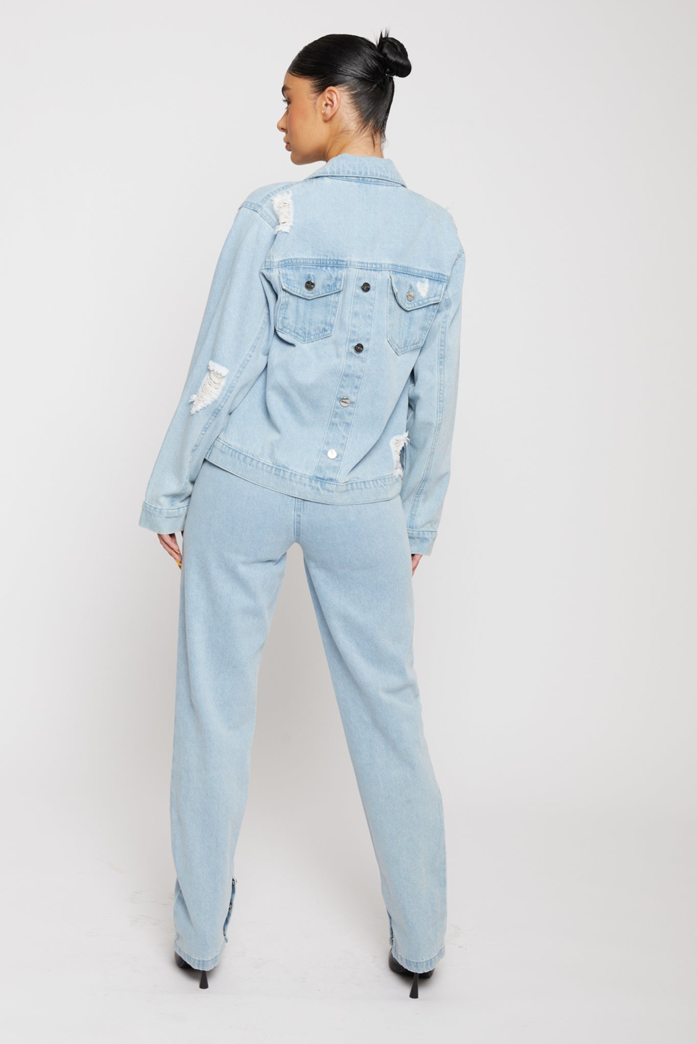 Jmojo distressed denim jacket women light wash back full length view