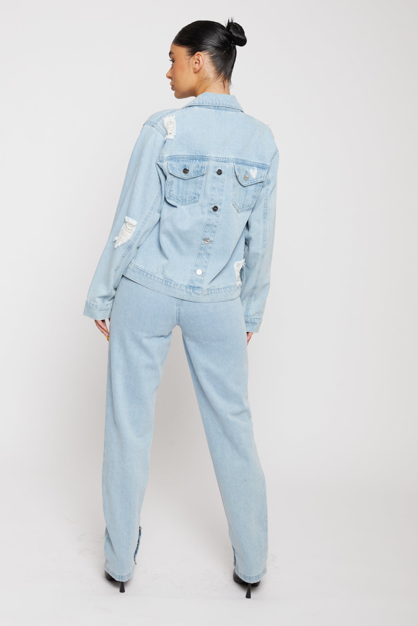 Jmojo distressed denim jacket women light wash back full length view
