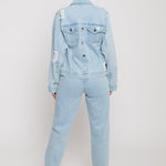 Jmojo distressed denim jacket women light wash back styled full length view