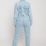 Jmojo distressed denim jacket women light wash back styled full length view