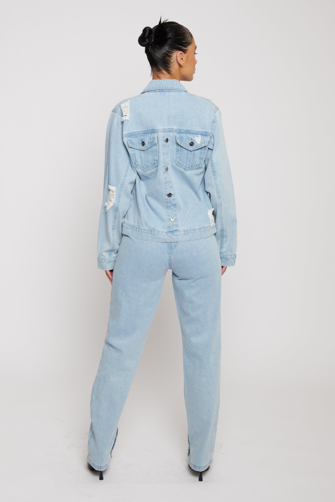 Jmojo distressed denim jacket women light wash back styled full length view