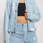 Jmojo distressed denim jacket women light wash front close up detail