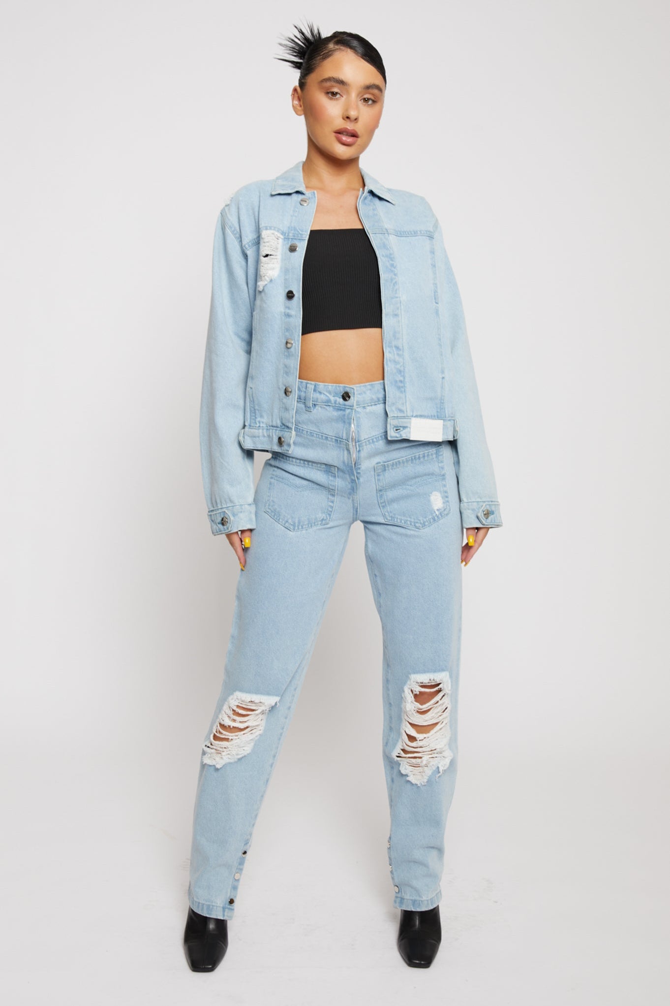 Jmojo distressed denim jacket women light wash front full length view