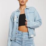 Jmojo distressed denim jacket women light wash worn open front styled view