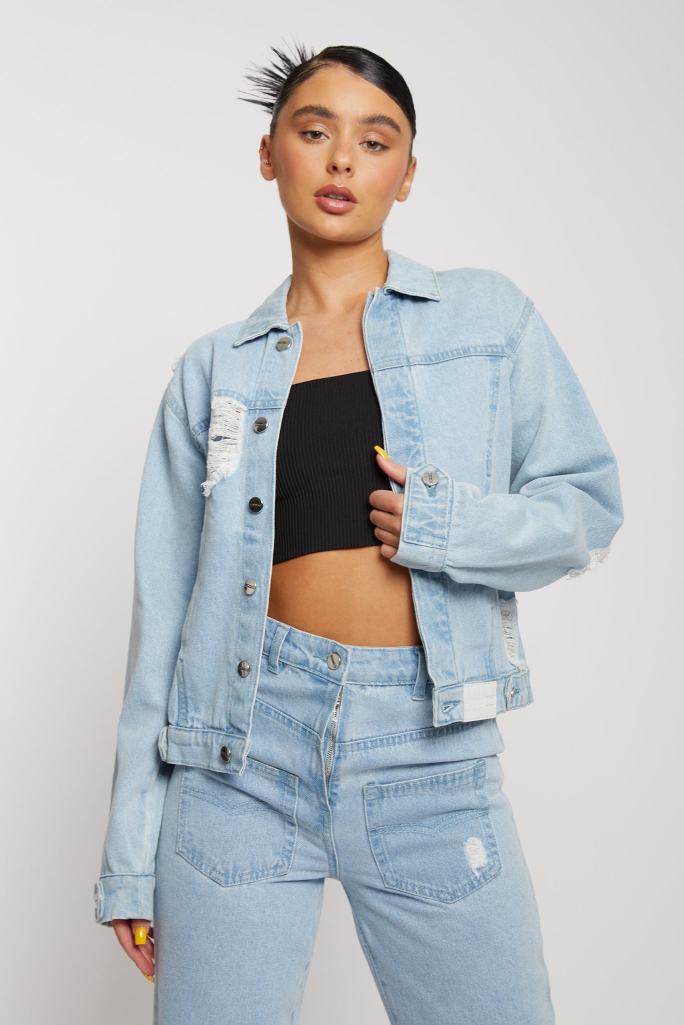 Jmojo distressed denim jacket women light wash worn open front styled view
