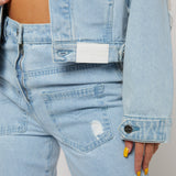Jmojo distressed denim jacket women light wash hem and branding label detail