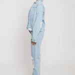 Jmojo distressed denim jacket women light wash side profile view