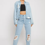 Jmojo distressed straight leg jeans light wash worn with matching denim jacket