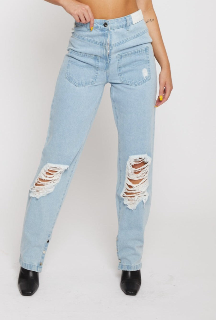 Jmojo distressed straight leg jeans ripped knee detail close up front