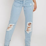 Jmojo distressed straight leg jeans ripped knee detail close up front