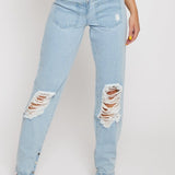 Jmojo distressed straight leg jeans ripped knee detail close up front