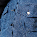 Jmojo fleece denim jacket women blue button and collar close up detail