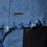 Jmojo fleece denim jacket women blue frayed hem and branding detail