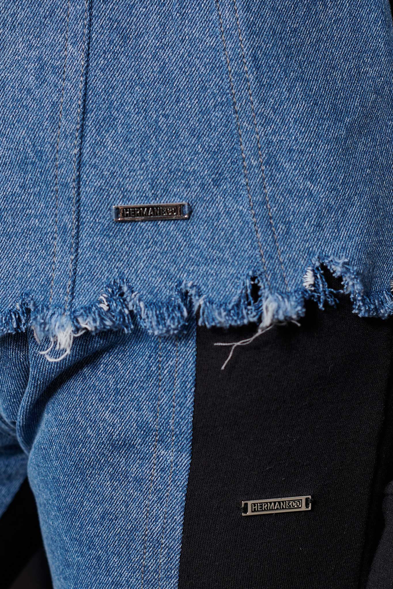 Jmojo fleece denim jacket women blue frayed hem and branding detail