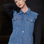 Jmojo fleece denim jacket women blue front close up detail