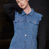 Jmojo fleece denim jacket women blue front close up detail