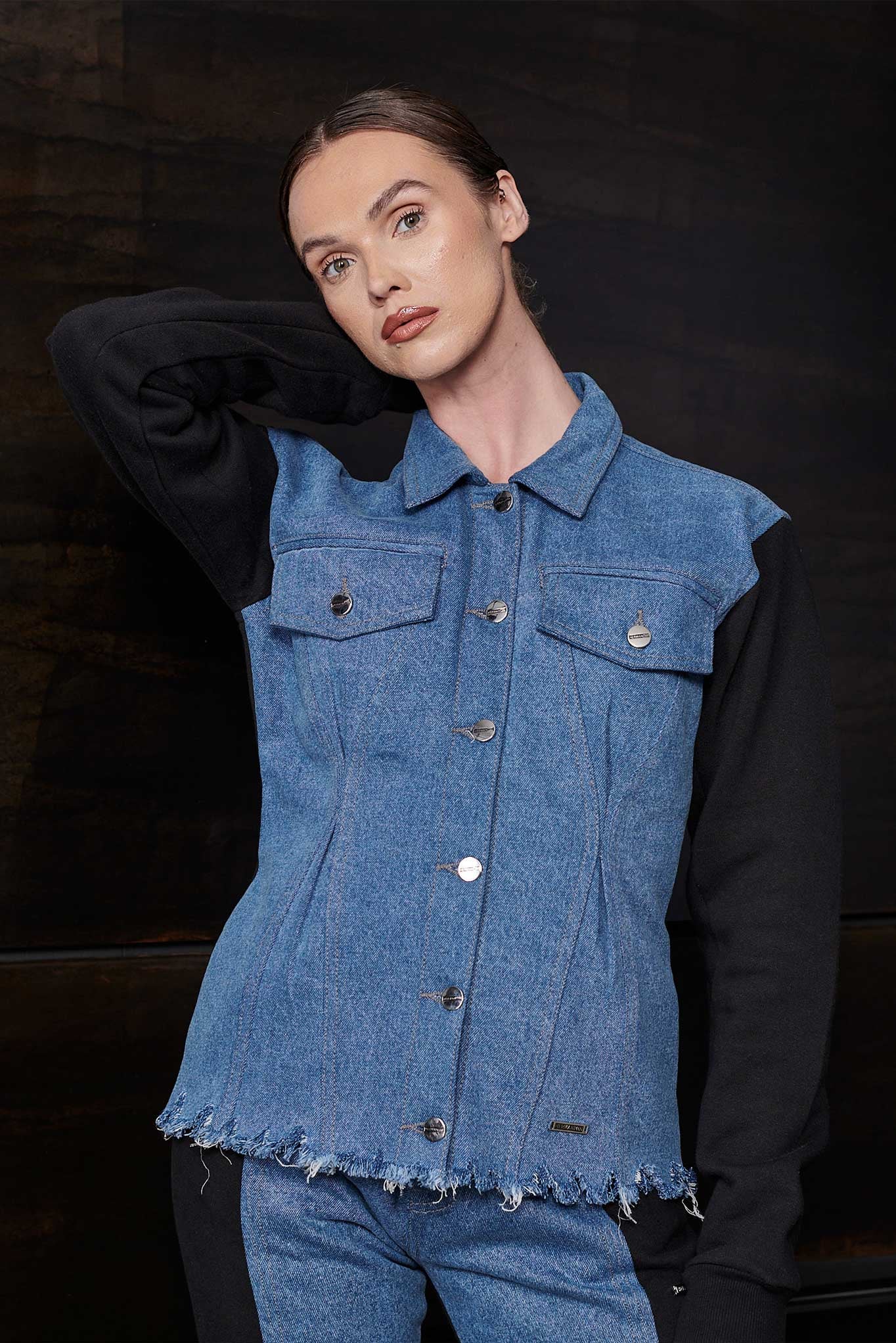 Jmojo fleece denim jacket women blue front close up detail