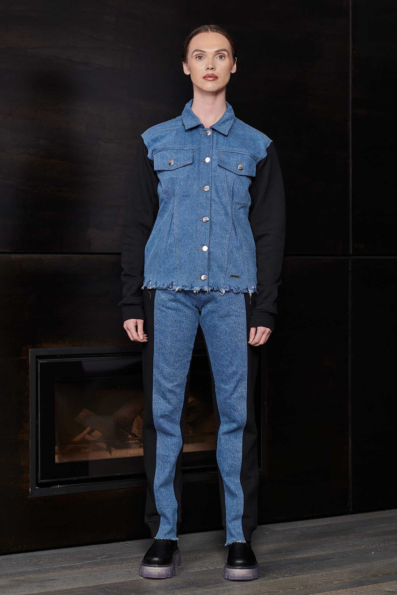 Jmojo fleece denim jacket women blue full look front view