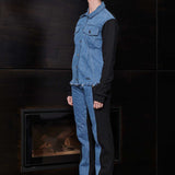 Jmojo fleece denim jacket women blue side profile view