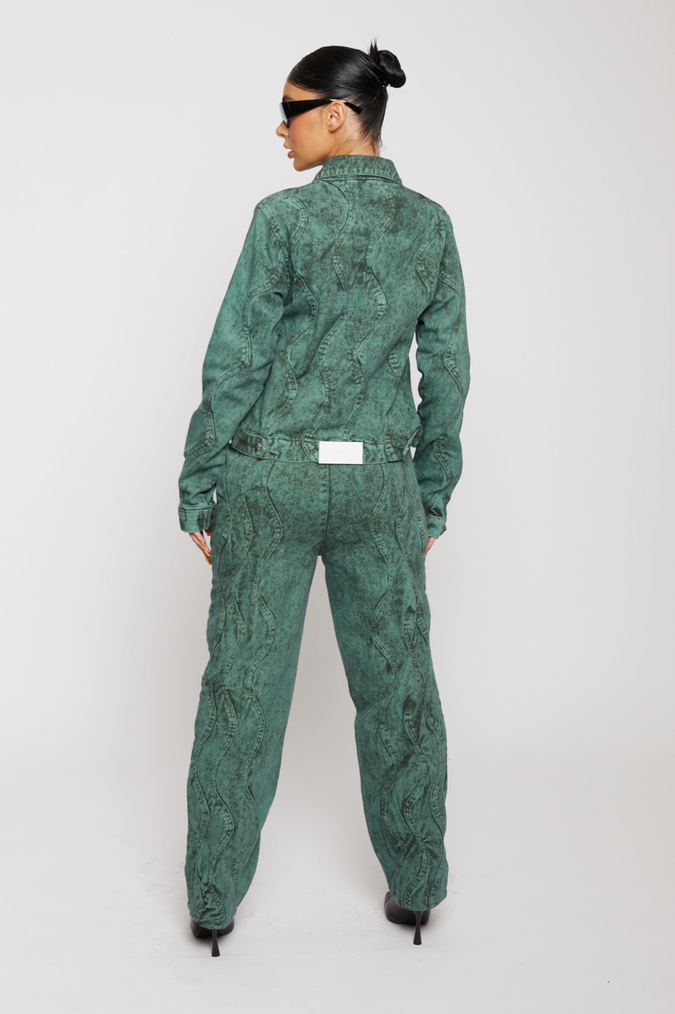 Jmojo green acid wash denim jacket back view full outfit on model