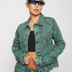 Jmojo green acid wash denim jacket close up front view on model