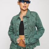 Jmojo green acid wash denim jacket close up front view on model