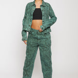 Jmojo green acid wash denim jacket front styled view with matching jeans