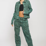 Jmojo green acid wash denim jacket full front view with matching jeans coord set