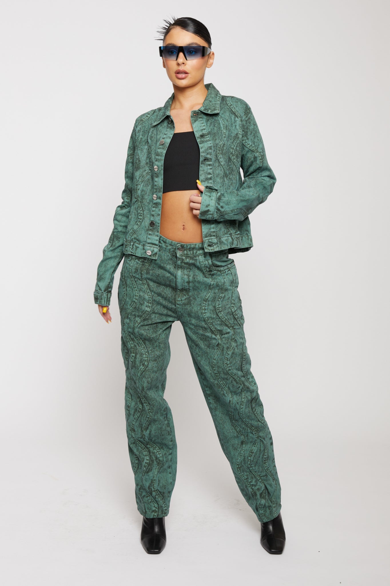 Jmojo green acid wash denim jacket full front view with matching jeans coord set