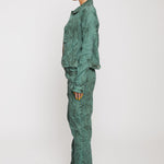 Jmojo green acid wash denim jacket side profile view with matching trousers