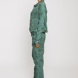 Jmojo green acid wash denim jacket side profile view with matching trousers