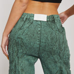 Jmojo green acid wash straight jeans back waistband patch detail close up
