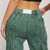 Jmojo green acid wash straight jeans back waistband patch detail close up