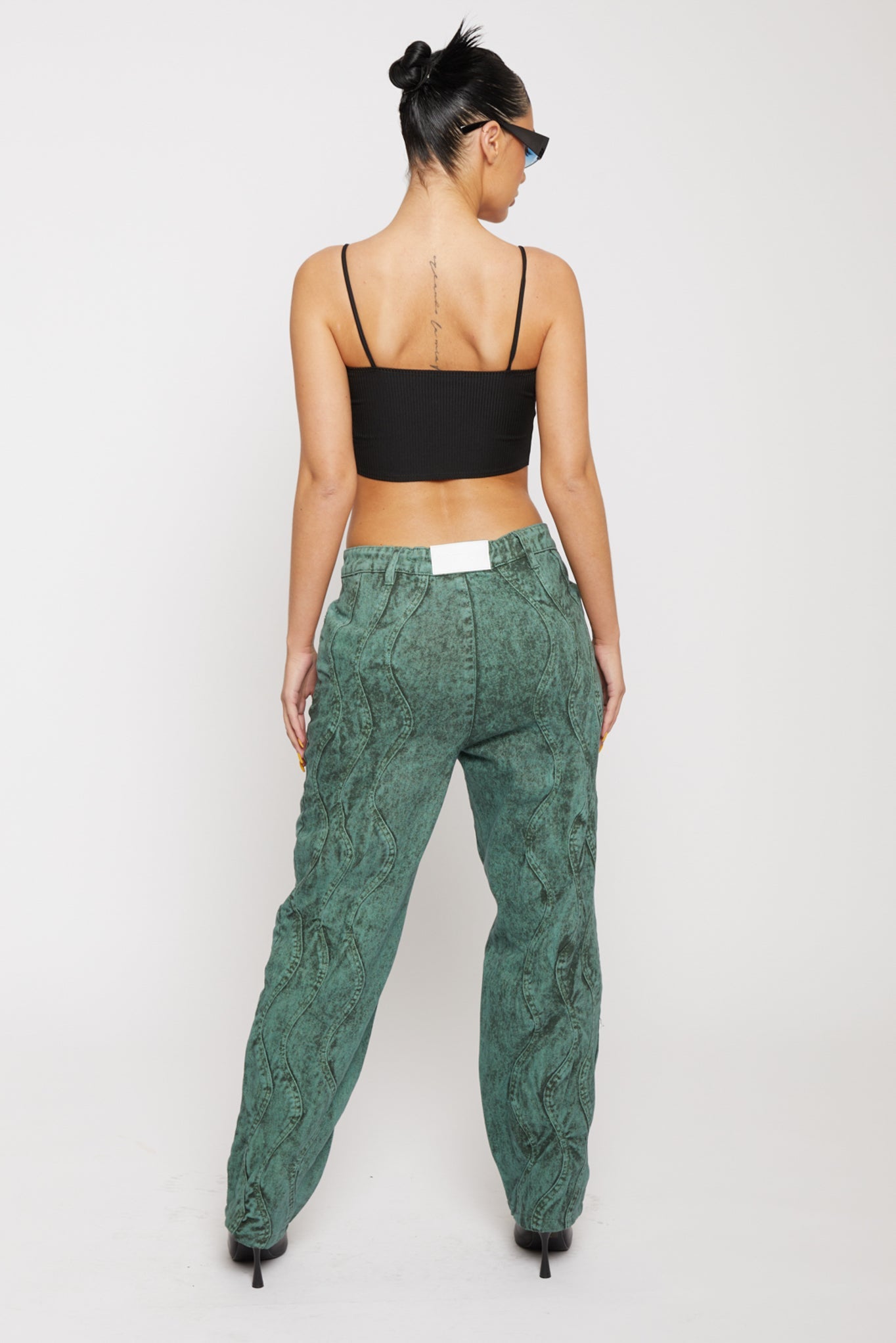 Jmojo green acid wash straight jeans back view on model