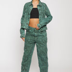 Jmojo green acid wash straight jeans worn with matching denim jacket front view