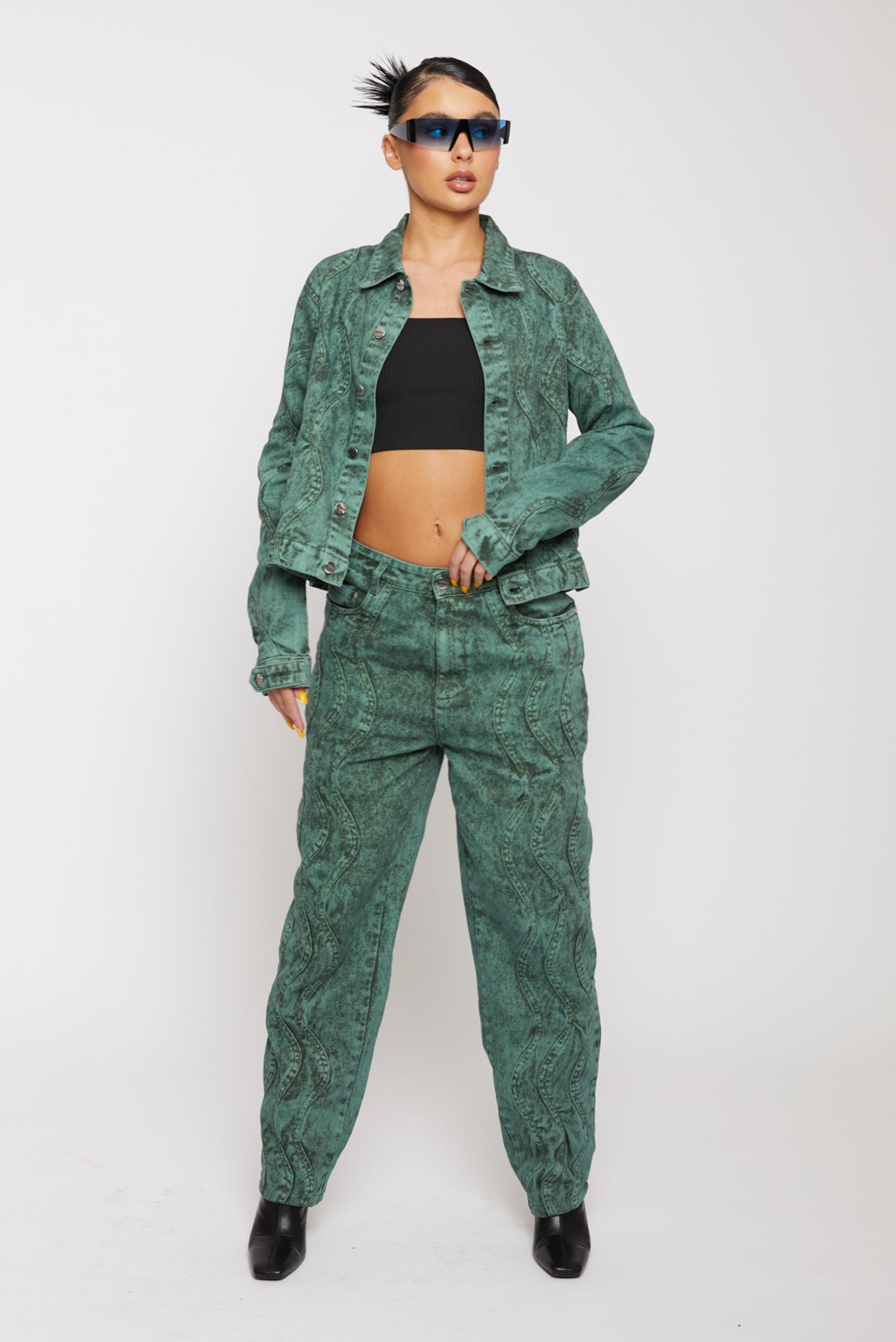 Jmojo green acid wash straight jeans worn with matching denim jacket front view