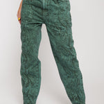 Jmojo green acid wash straight jeans front close up with wave seam detail
