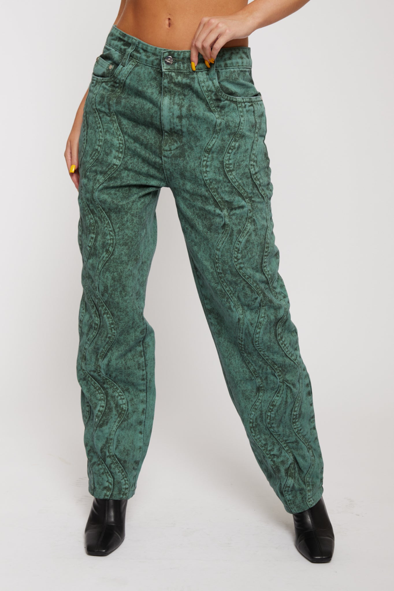 Jmojo green acid wash straight jeans front close up with wave seam detail