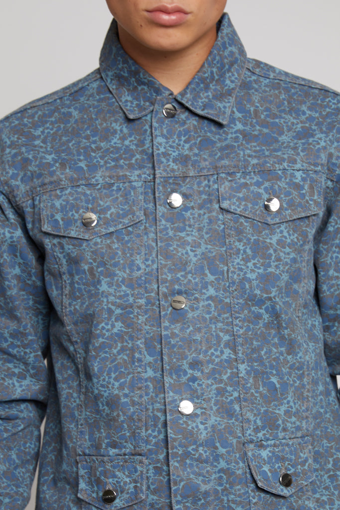 Jmojo grey speckled denim jacket close up